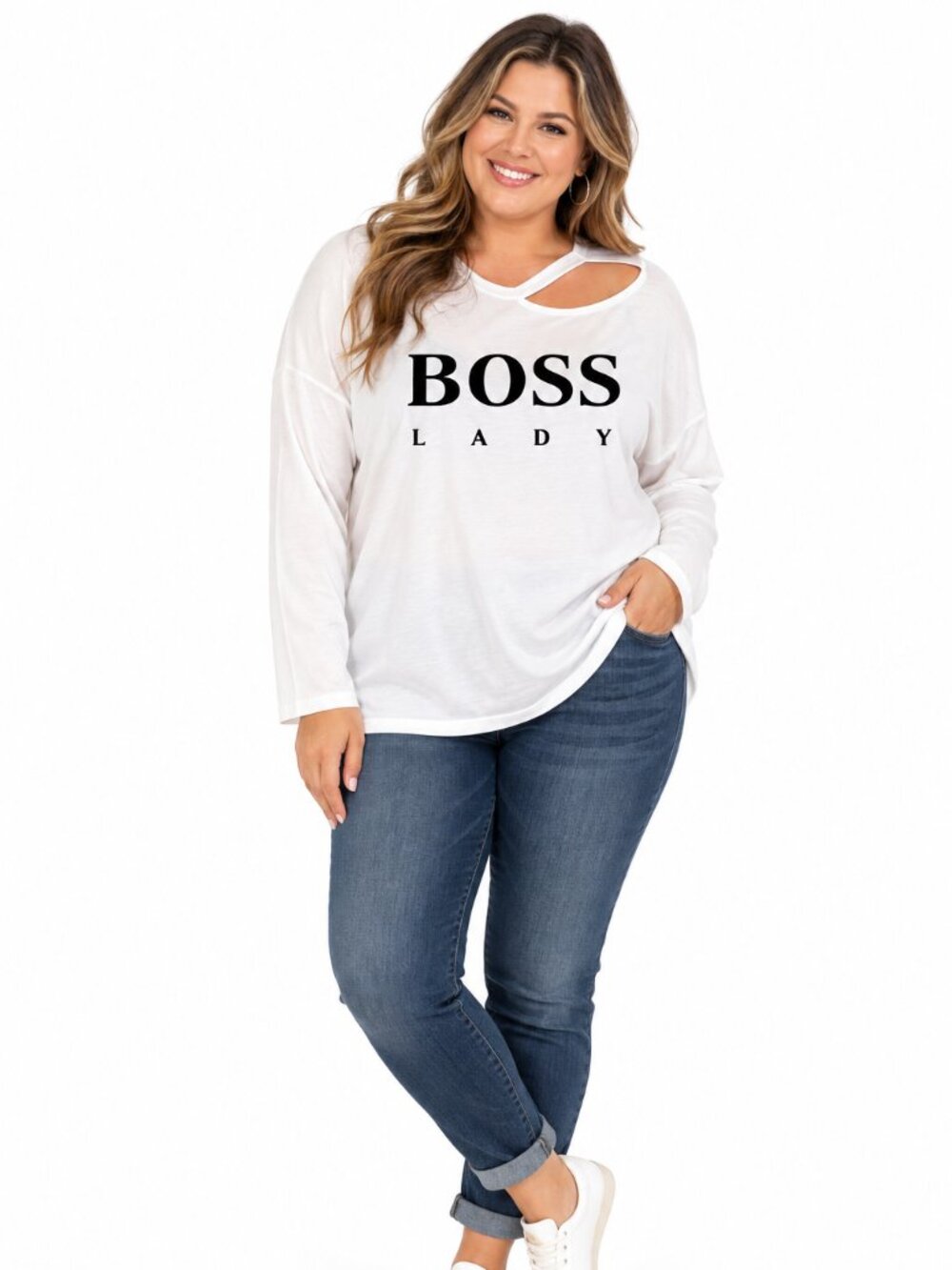 Boss Lady Graphic Tee Womens 3X White Cutout Neck Long Sleeve Plus Size